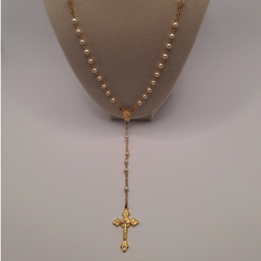 Pearl rosary necklace Roman Catholic gold tone